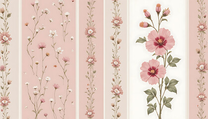 Elegant vintage floral wallpaper with vertical stripes and pink flowers.