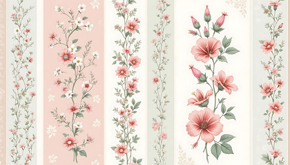 Elegant Vintage Floral Pattern with Vertical Stripes.