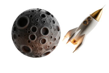 A gold-tipped rocket soaring towards the moon, exploring the cosmos with ambition and futuristic dreams, ready for space travel.
