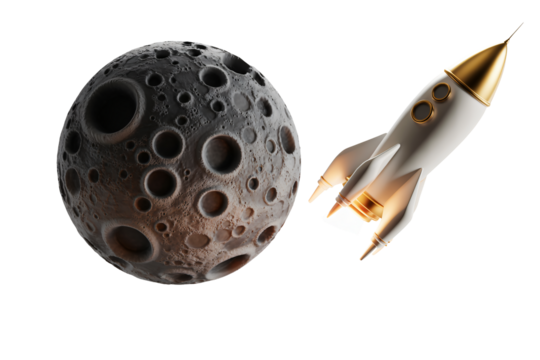 A gold-tipped rocket soaring towards the moon, exploring the cosmos with ambition and futuristic dreams, ready for space travel.