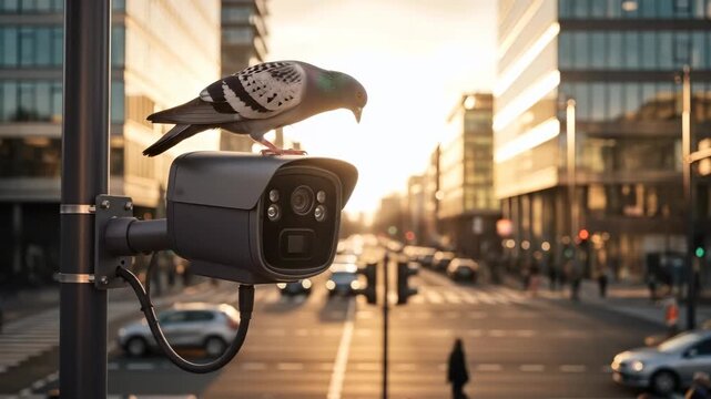Pigeon perched on a surveillance camera overlooking a city street with blurred traffic flowing in urban environment footage.