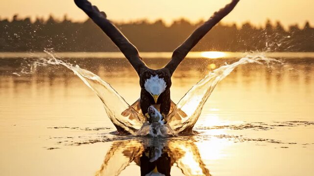 A stunning natural design of a bald eagle with wings outstretched, catching prey from a lake at sunset