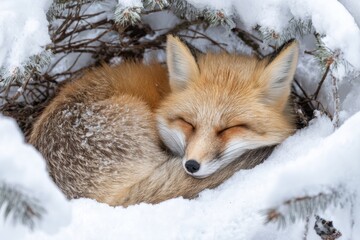 Obraz premium Red Fox Curled up in a Snowy Den Surrounded by Pine Branches During Winter