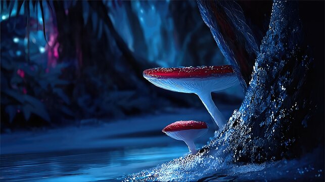 Misty Forest Clearing With Glowing Mushrooms Near a Serene Water Edge at Twilight