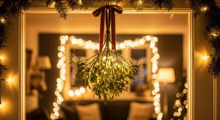 Mistletoe with a red ribbon hangs in a doorway decorated with glowing lights. The cozy, romantic atmosphere is perfect for Christmas cards, festive invitations or holiday promotions.