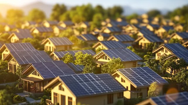 A community of modern houses features solar panels prominently on rooftops, showcasing sustainability in design. The solar panels on these houses symbolize a commitment to green li