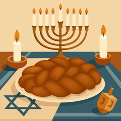 Hanukkah table with braided challah bread surrounded by traditional Hanukkah elements, menorah, candles, wooden dreidel on blue tablecloth. Vector poster