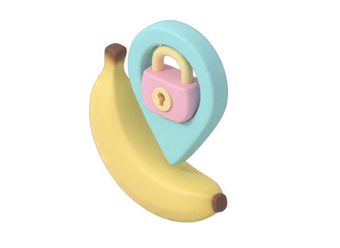 3D Pastel Banana Icon with Location Pin and Padlock in Isometric View on Transparent Background