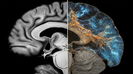 A split-screen comparison of a healthy brain and one affected by Alzheimer's disease, showing hippocampal atrophy.