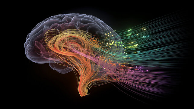 Memory encoding in the brain, with sensory information visualized as colorful streams flowing from the hippocampus.