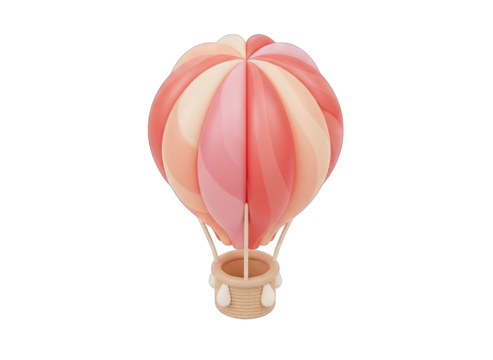 A 3D rendered pastel hot air balloon with a soft plastic texture isolated on a transparent background featuring pink and peach hues in a studio setting ideal for design projects