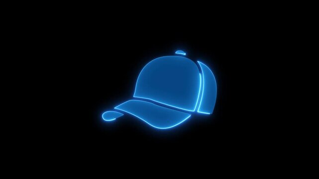 A single blue neon baseball cap icon with a 4k video black background 