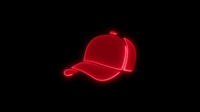 A single red neon baseball cap icon with a 4k video black background