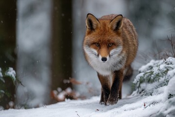 Red Fox Walking Through Snowy Forest in Winter Season