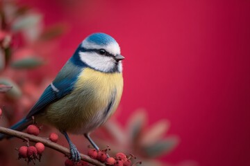Fototapeta premium Bright Blue and Yellow Bird Perched on Branch With Red Berries in Soft Background