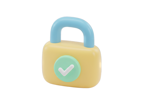 3D Pastel Yellow Padlock Icon with Light Blue Handle and Green Check Mark Secure Lock Symbol Isolated on Transparent Background