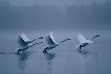 Obraz premium Swans Take Flight in a Misty Morning Over a Calm Lake in Early Spring