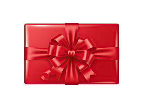 A Shiny Red Rectangular Gift Box Tied With a Satin Red Ribbon and Bow Isolated on a Transparent Background with Subtle Highlights