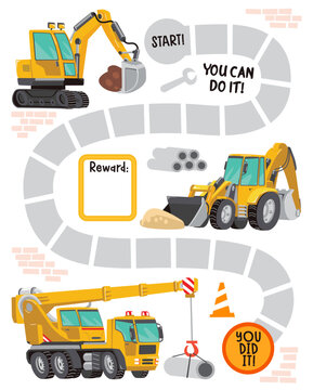 Construction Reward Chart for Kids &bull; Cute Construction Vehicles Path Game &bull; Printable Vector Activity