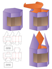 Hexagonal Packaging Box Dieline Vector with Transparent Windows and Assembly Guide