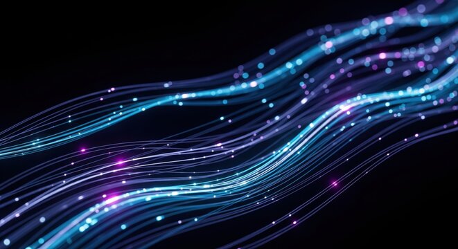 Wellenf&ouml;rmige Glasfaser mit Partikeln auf schwarzem Hintergrund
