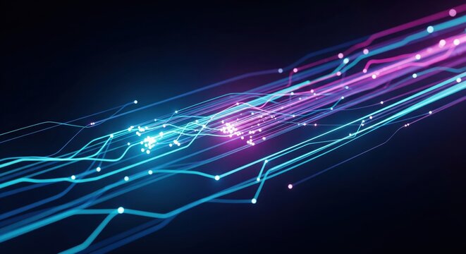 Cyan-magenta Datenstrom auf digitalen Leiterbahnen
