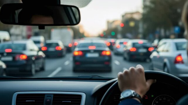 Man driving a car showing heavy road traffic during rush hour in a city. Transportation, commuter, and journey concept video.