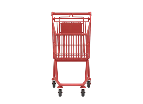 A Vivid Red Metal Shopping Cart Viewed From The Front With A Transparent Back Perfect For Retail And E-commerce Design Elements