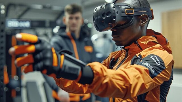 A user is engaged in a virtual reality session, wearing a VR headset and gloves. The setting is a modern training center, showcasing advanced technology. Another individual observes closely