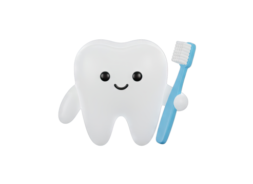 A Whimsical Cartoon Tooth Character With A Cheerful Expression Stands Holding A Light Blue Toothbrush Against A Transparent Background In A Studio Setting