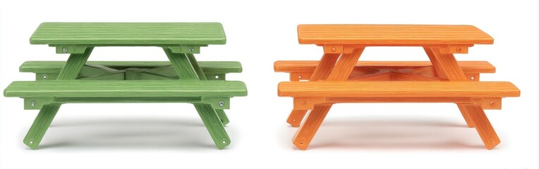Two picnic tables green and orange, on white ground