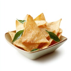 Tortilla chips with green leaves in bowl, isolated