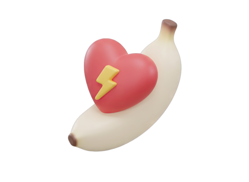 3D Rendered Red Heart With Yellow Lightning Bolt Wrapped Around a White Banana Transparent Background