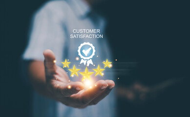 Customer satisfaction and service excellence concept. Hand presenting five-star and check mark badge. Positive feedback, quality assurance, trust and successful customer experience management.
