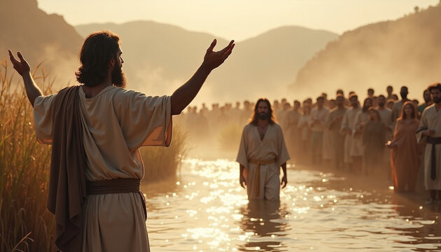Jesus baptism in river with faithful followers in sunny day. Jesus baptism is sacred ritual representing spiritual cleansing and new beginnings, amidst waters in sunlight.