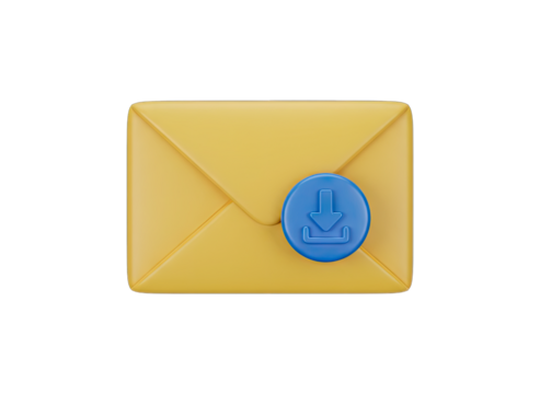 3D Yellow Envelope Icon With Blue Download Button Isolated On Transparent Background
