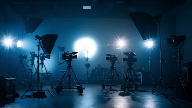 A professional film studio set with multiple video cameras on tripods and dollies. The dark stage is filled with blue fog and illuminated by bright white spotlights cinematic