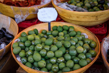 Cured olives for sale at the farmers market in Old Town of Nice, South of France