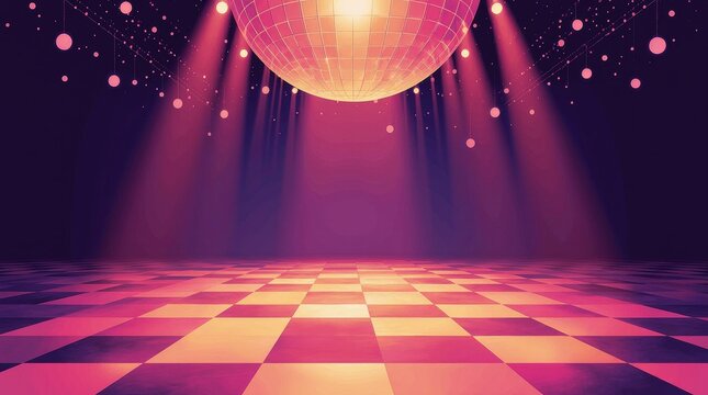 Colorful disco ball reflecting light in vibrant dance floor with checkered pattern and beams