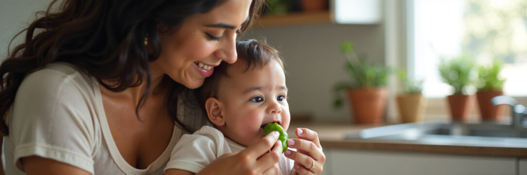 Infant eating fresh vegetable with his mother at home, healthy feeding habits. Infant having healthy diet enjoys piece of green produce in safe environment of modern kitchen.