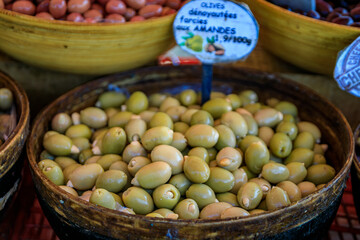 Cured olives for sale at the farmers market in Old Town of Nice, South of France