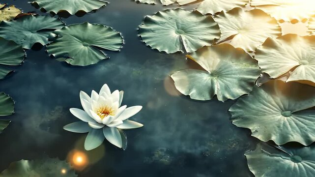 A beautiful white lotus flower floats on calm water, surrounded by green lily pads. The lotus and lily pads enhance the tranquil atmosphere of the serene pond scene.