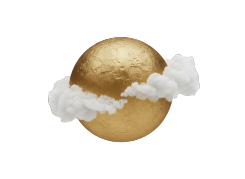 A Textured Golden Sphere Encased by Soft White Clouds Against a Transparent Background Ideal for Graphic Design and Conceptual Art