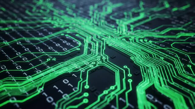 Closeup of a vibrant green circuit board with glowing lines and binary code representing advanced technology artificial intelligence and digital data processing within a computer system. - Powered by Adobe