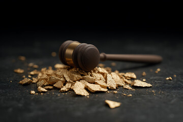 corruption symbolism, gavel close-up with shattered coins, symbolizing laws victory over corruption