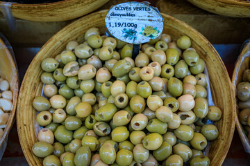 Cured olives for sale at the farmers market in Old Town of Nice, South of France