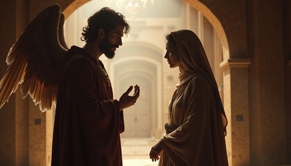 Scene from the Bible showing angel and woman in discussion at corridor, featuring dramatic lighting and period clothing. Scene from the Bible involves woman and man in historical attire,