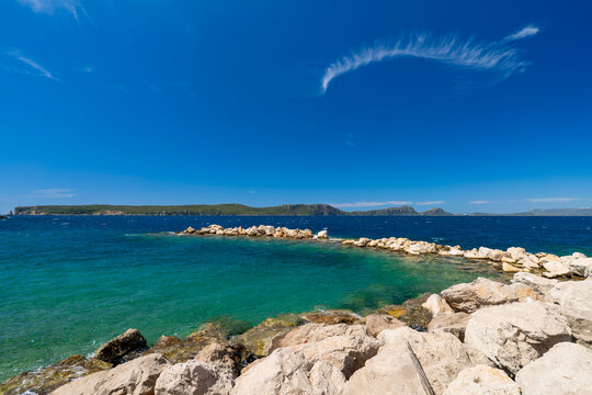 Greece, Pylos - 4 April 2024 - View of rocks and the beautiful sea of ​​Pylos