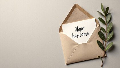 Hope has come in open envelope with branch on neutral background. Hope has come with inspiring message perfect for faith based marketing. Hope has come, conveying religious message,