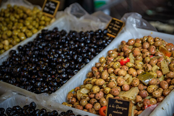 Cured olives for sale at the farmers market in Old Town of Nice, South of France